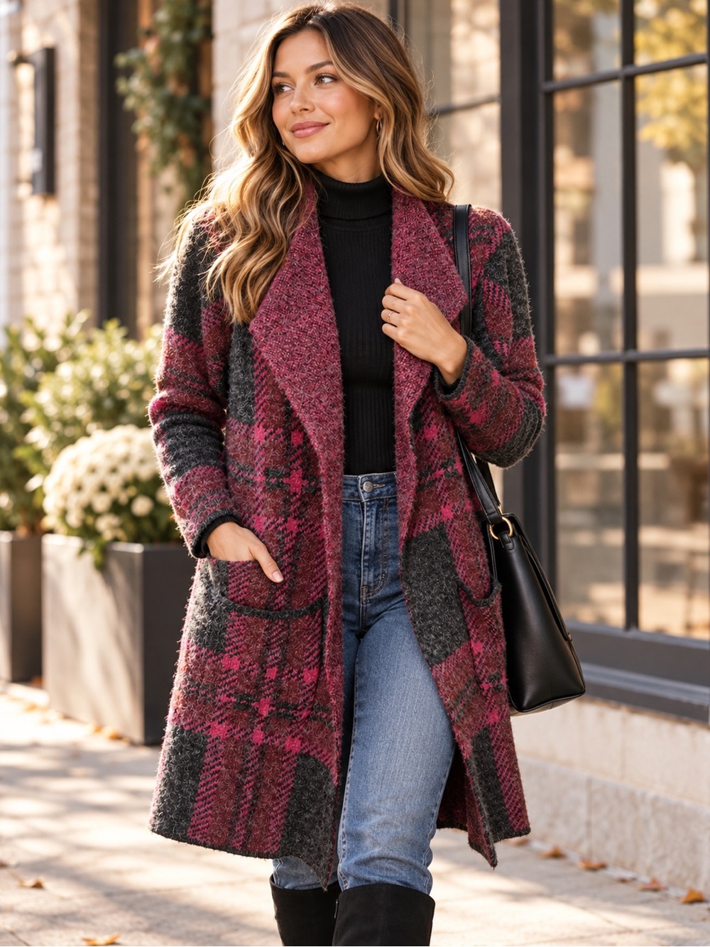 Joseph A Magenta Gray Plaid Fuzzy Shawl Collar Cardigan Sweater L